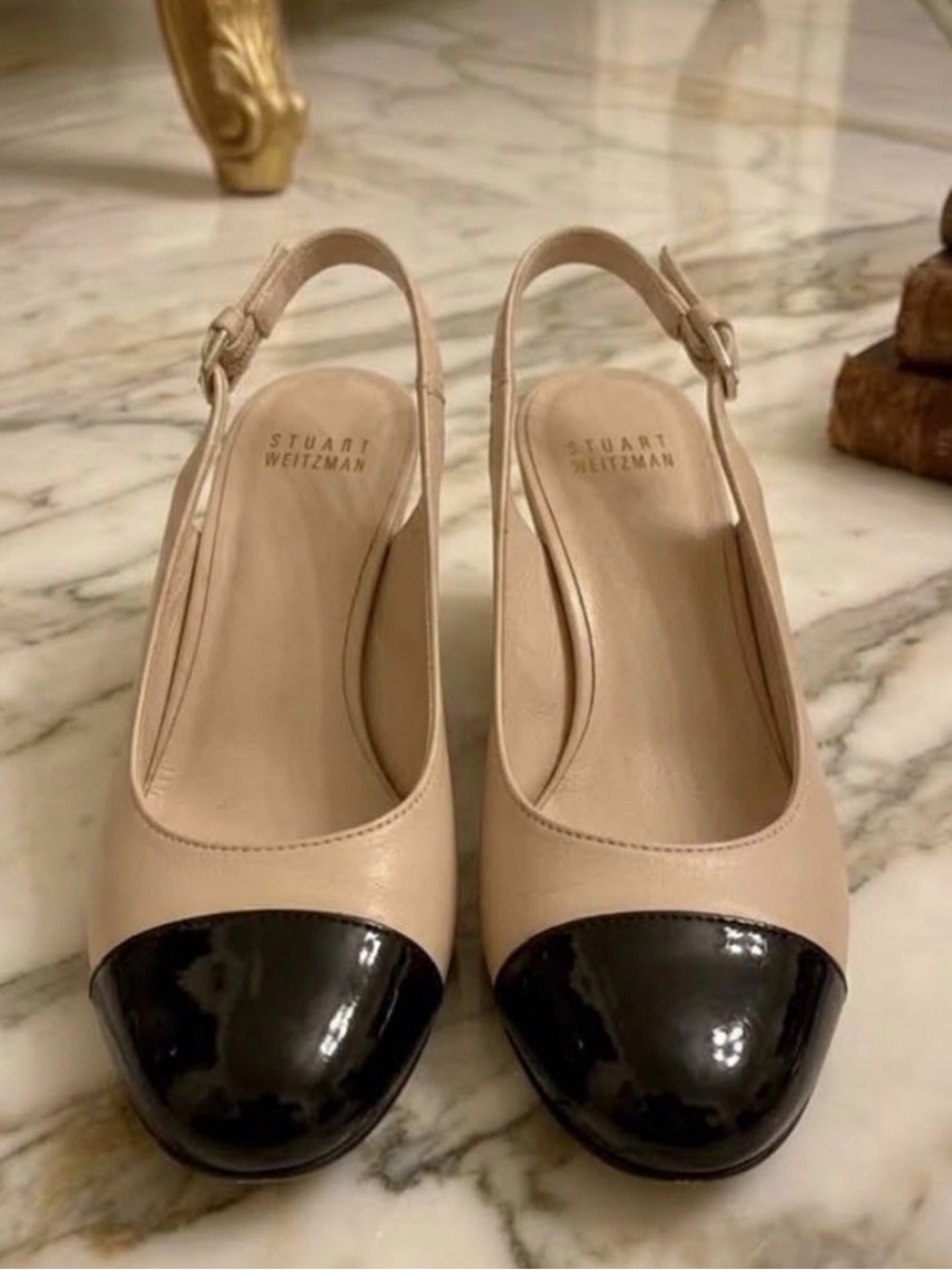 Stuart Weitzman Beige and Black Cap Slingback Wedge Pumps with Dust Bag
